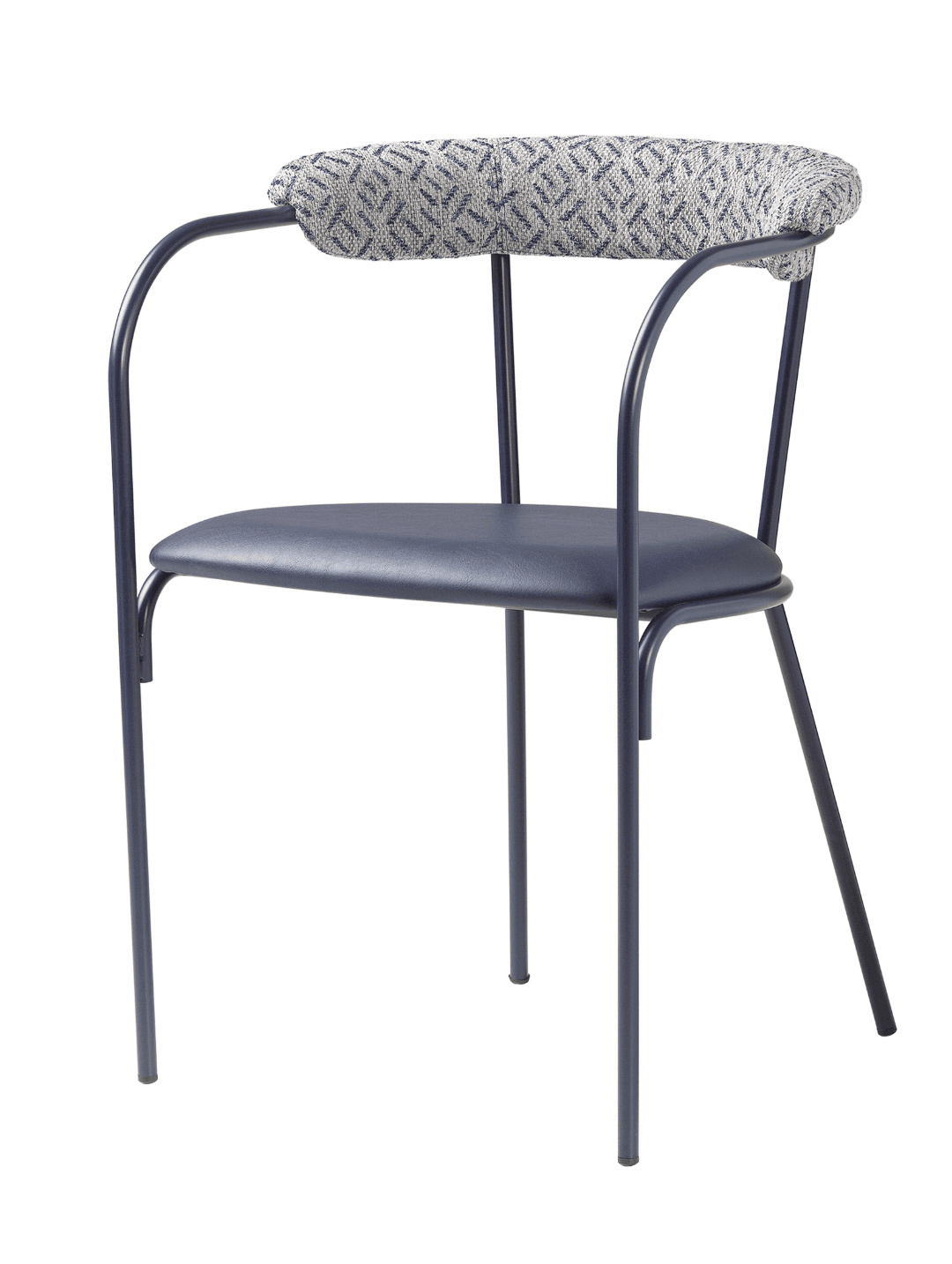 A modern chair with a dark blue upholstered seat and a patterned, padded backrest. The frame is constructed from thin, dark metal tubing, forming the legs, armrests, and back support. The armrests curve gracefully from the back support forward and downward, connecting to the seat frame. The backrest has a distinct cushioned element with a geometric pattern in blue and white/light gray. — 3D model