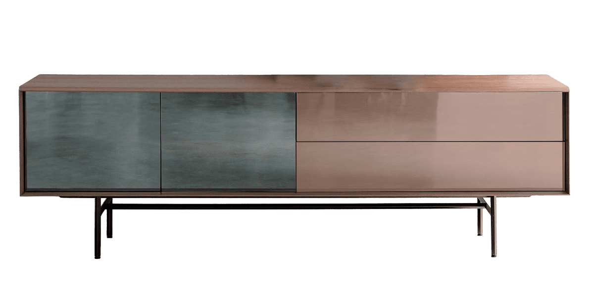 A modern sideboard with a wooden top and frame. The front features a combination of two smoked glass doors on the left and two drawers with a glossy rose gold finish on the right. It is supported by slender, dark metal legs. — 3D model