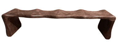 A wooden bench with a flowing, undulating design, resembling waves or curves. The bench has a single, continuous form from its curved seat to its supporting legs, which are integrated into the overall structure. The surface exhibits a wood grain pattern. — 3D model