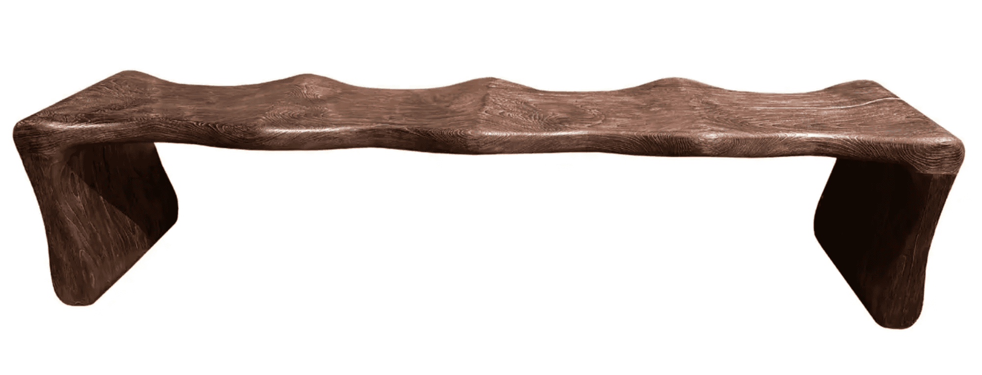 A wooden bench with a flowing, undulating design, resembling waves or curves. The bench has a single, continuous form from its curved seat to its supporting legs, which are integrated into the overall structure. The surface exhibits a wood grain pattern. — 3D model