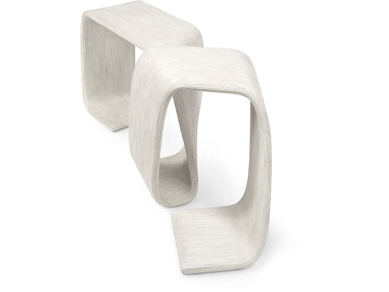 A pair of modern accent tables, each crafted from a single continuous piece of bentwood or laminated wood, forming a fluid, sculptural shape. The tables feature a light, almost whitewashed finish that highlights the wood grain. Their design allows for versatile placement, functioning as side tables, display stands, or decorative elements. — 3D model
