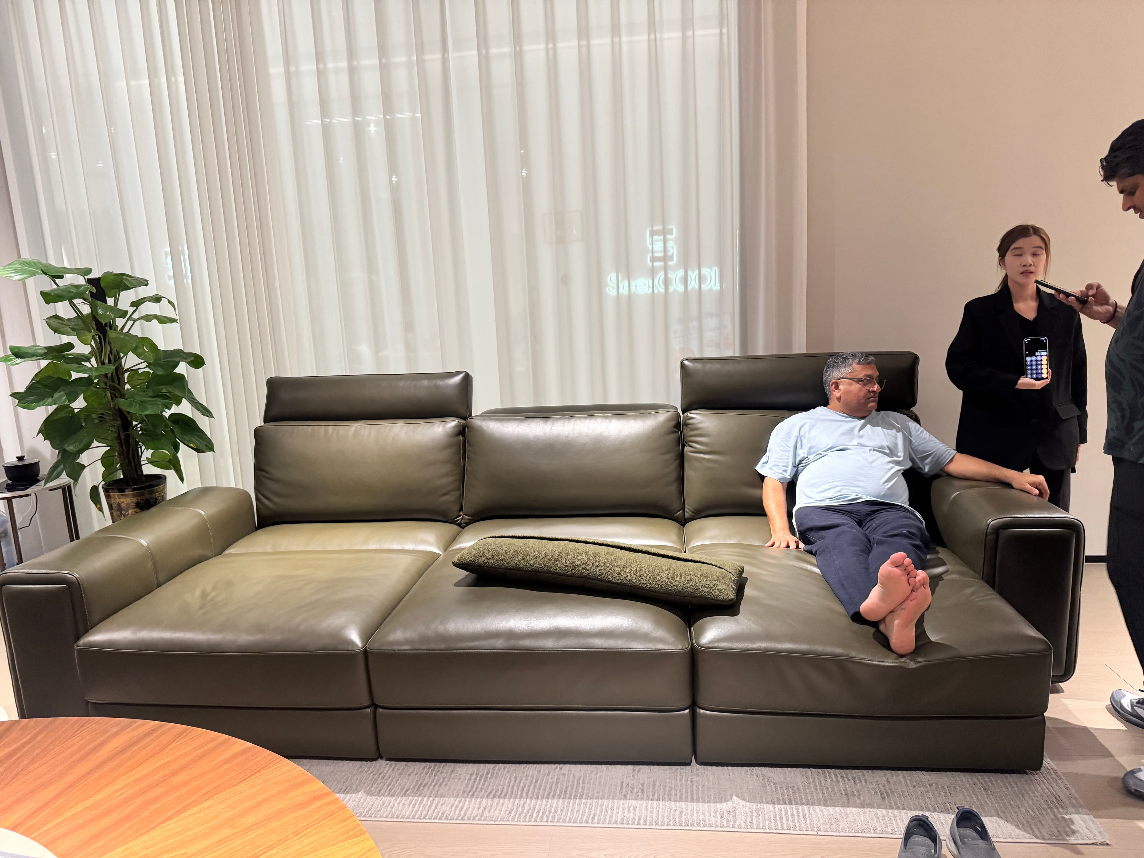 A modern, multi-unit sofa with adjustable headrests and a chaise section. The sofa is upholstered in a matte, olive-green material, likely leather or high-quality faux leather. It features clean lines, blocky armrests, and individual seat cushions. Two rectangular throw pillows in a textured, darker green fabric are placed on the seating area. — 3D model