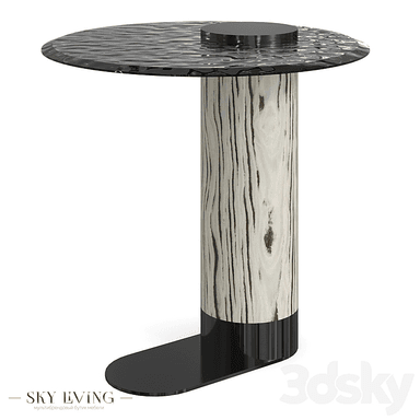A modern C-shaped side table featuring a round, dark-toned textured top and a single cylindrical base with a light-colored wood grain pattern. The base terminates in a flat, dark, C-shaped foot designed to slide under furniture. — 3D model