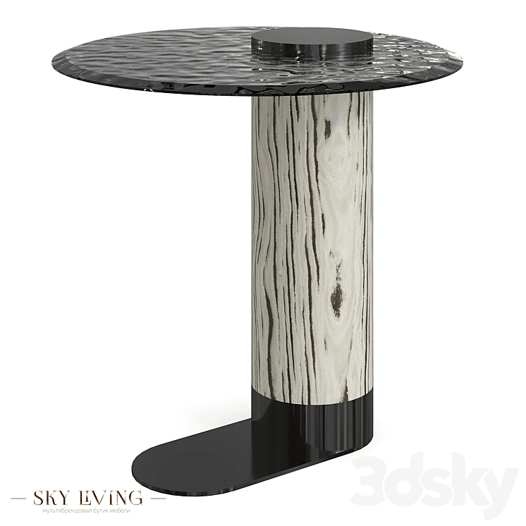 A modern C-shaped side table featuring a round, dark-toned textured top and a single cylindrical base with a light-colored wood grain pattern. The base terminates in a flat, dark, C-shaped foot designed to slide under furniture. — 3D model