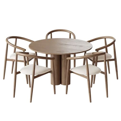 A round dining table with a cylindrical base, accompanied by four chairs featuring curved backrests and upholstered seats. The set has a modern aesthetic with clean lines and a natural wood finish. — 3D model