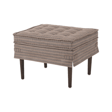 A rectangular ottoman with a tufted top and upholstered sides, supported by four dark wooden legs. The upholstery features a subtle striped pattern. It appears to be a standalone piece designed for seating or footrest. — 3D model