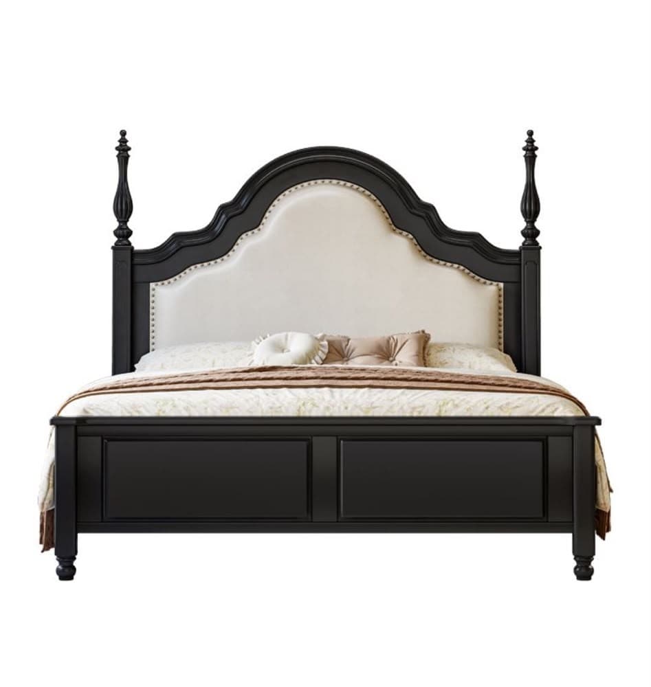 A traditional-style bed frame featuring a black wooden structure and a cream-colored upholstered headboard. The headboard has a distinctive scalloped top edge, secured with decorative nailhead trim, and is flanked by tall, turned posts with finials. The footboard is solid with recessed panels and rests on turned feet, matching the black finish of the frame. Internal slats provide mattress support. — 3D model