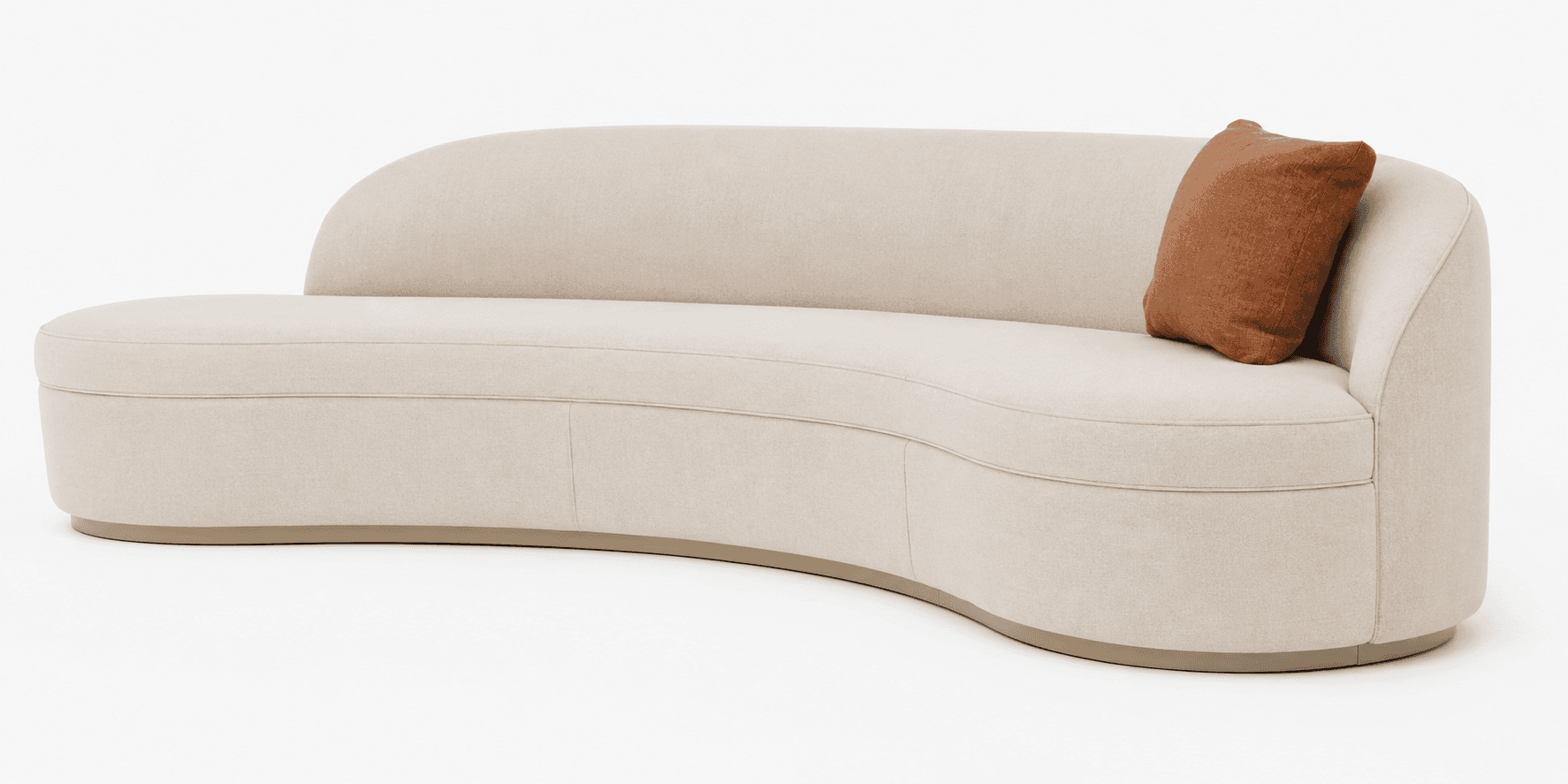 A modern curved sofa upholstered in a light beige fabric, featuring a continuous back and seat, with a subtle recessed plinth base. A single rust-colored accent pillow rests on one end. — 3D model