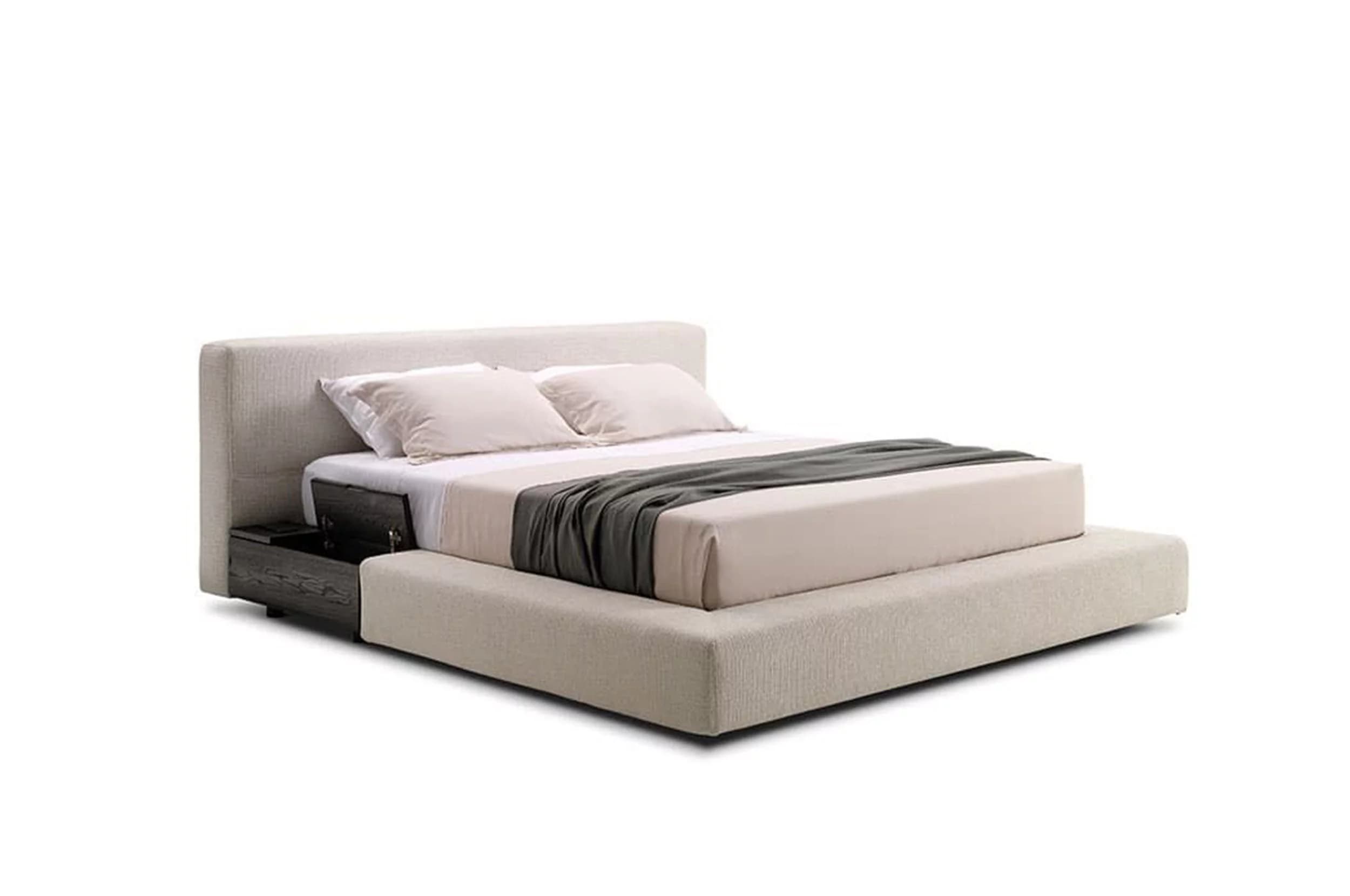 A modern upholstered bed frame with a rectangular headboard. The frame features a built-in bedside storage unit on one side, with a dark-stained wood finish and hinged access panels. The bed is dressed with a mattress, pillows, and a blanket. — 3D model