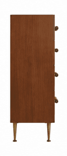 A mid-century modern style chest of drawers featuring four stacked drawers, each with a distinctive wrapped cylindrical handle, supported by slender, tapered brass legs. — 3D model