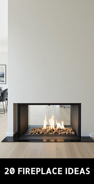 A modern, rectangular fireplace with a black metal frame. The interior features a bed of light-colored pebbles and is illuminated by artificial flames, suggesting it is a bioethanol or electric fireplace. — 3D model