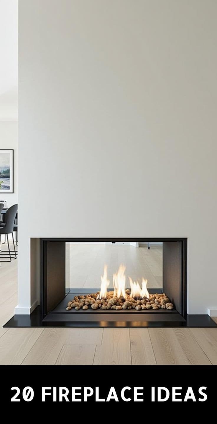 A modern, rectangular fireplace with a black metal frame. The interior features a bed of light-colored pebbles and is illuminated by artificial flames, suggesting it is a bioethanol or electric fireplace. — 3D model