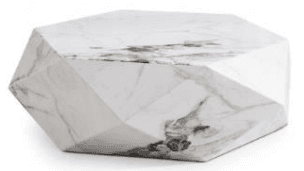 A modern, geometric coffee table constructed from white marble with prominent gray veining, featuring multiple faceted surfaces. — 3D model