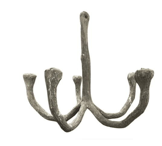 A rustic-style chandelier designed to resemble a branching structure, possibly like tree branches or antlers. It features a central stem from which multiple arms extend outwards and upwards, terminating in candle holders. The overall design evokes a natural, organic aesthetic. — 3D model