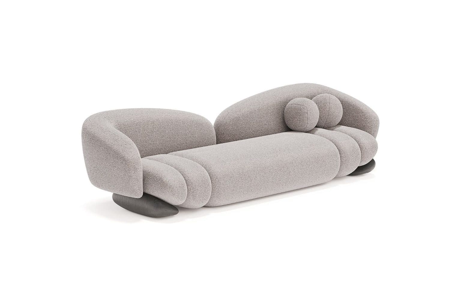 A contemporary, generously sized sofa with an organic, bulbous form. It features a low profile with rounded arms that curve inward, and a plush, textured upholstery. The seat and backrest are segmented, creating a unique visual texture. Two spherical throw pillows are integrated into the design, resting on the backrest. — 3D model