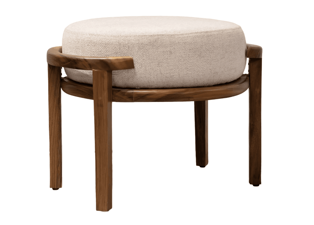 A modern wooden stool featuring a round, plush, light beige upholstered seat. The frame is made of dark-grained wood, including four straight legs and a curved upper rail that partially encircles the seat, providing a subtle, integrated support. — 3D model