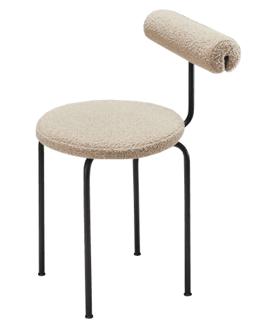 A contemporary low seating unit featuring a round, upholstered seat and a small cylindrical backrest, both covered in a textured cream boucle fabric, supported by a slender black tubular metal frame. — 3D model