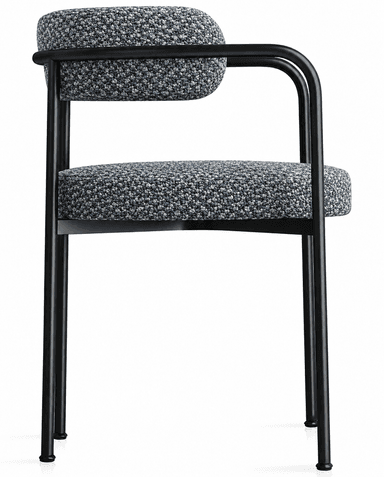 An armless contemporary dining chair featuring a black tubular metal frame and upholstered seat and back cushions in a speckled blue and grey fabric. — 3D model