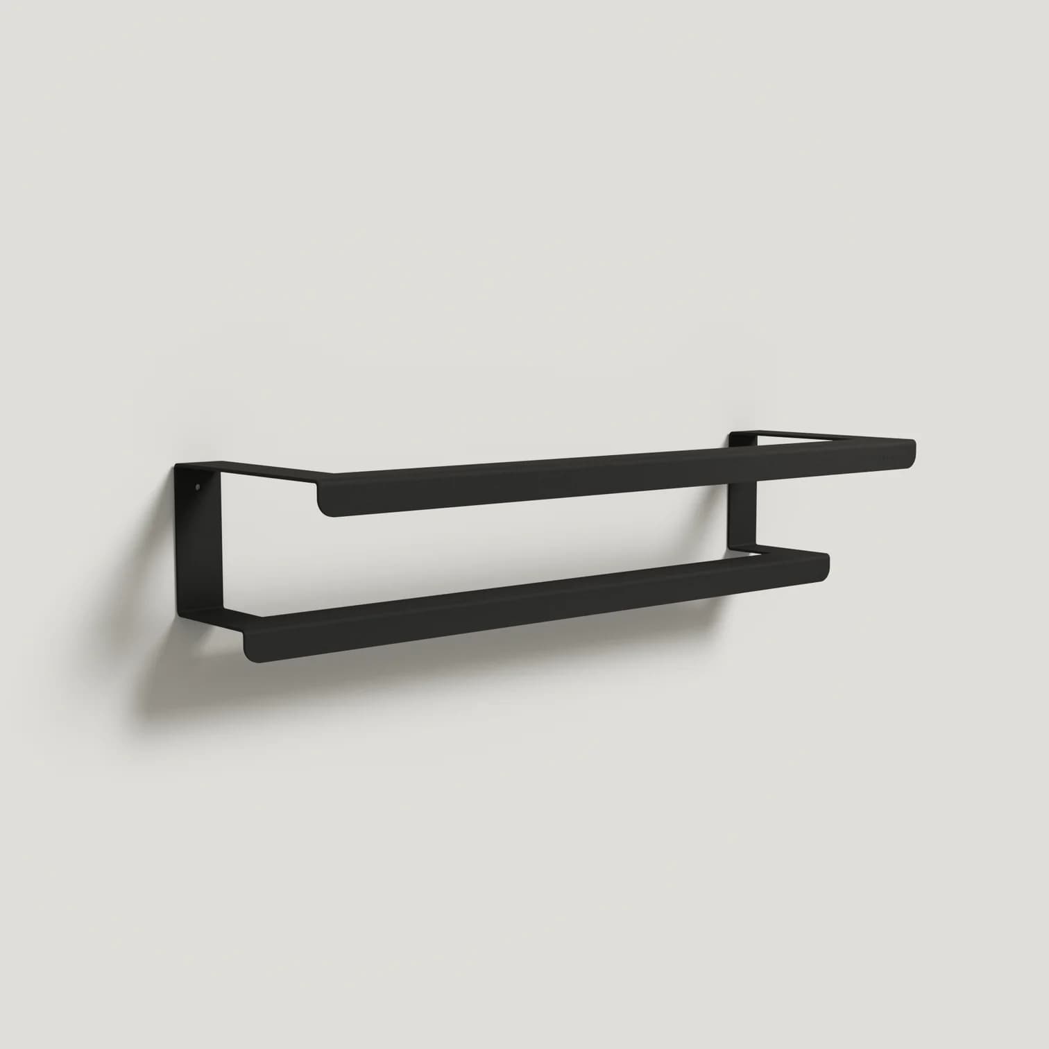 A minimalist, wall-mounted shelving unit crafted from black metal, featuring two parallel horizontal bars. — 3D model