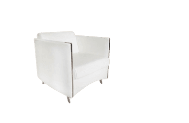 A modern armchair featuring white upholstery and a distinctive external frame made of polished chrome-plated steel. The design is characterized by its boxy, structured cushions for the seat, back, and armrests, all contained within the visible tubular metal framework. The chair sits on four short, polished metal feet. — 3D model