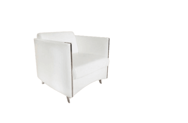 A modern armchair featuring white upholstery and a distinctive external frame made of polished chrome-plated steel. The design is characterized by its boxy, structured cushions for the seat, back, and armrests, all contained within the visible tubular metal framework. The chair sits on four short, polished metal feet. — 3D model
