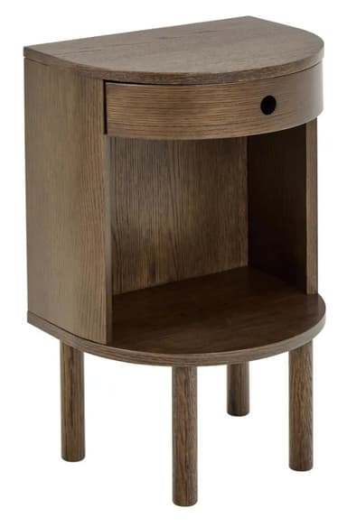 A semicircular wooden nightstand with a single drawer and an open shelf below. It is supported by four cylindrical legs. — 3D model