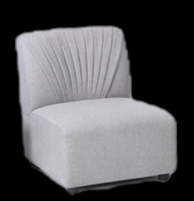 An armless accent chair featuring light gray upholstered fabric and a distinctive pleated backrest. The chair has a compact, boxy form with a low-profile silhouette, supported by a hidden base with small, dark block feet. The pleated detailing on the back fans out from the center, adding a decorative element to the otherwise minimalist design. The seat cushion is integrated and appears firm. — 3D model