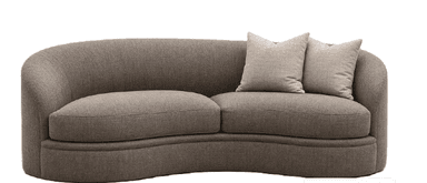 A modern curved sofa upholstered in a neutral taupe-brown fabric. The sofa features a continuous, gently curved back and armrest structure, creating a seamless and inviting silhouette. It has two seat cushions and two matching throw pillows. The base is also upholstered, maintaining a consistent, low-profile design. — 3D model