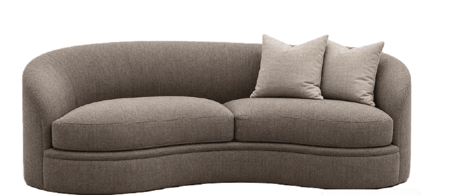 A modern curved sofa upholstered in a neutral taupe-brown fabric. The sofa features a continuous, gently curved back and armrest structure, creating a seamless and inviting silhouette. It has two seat cushions and two matching throw pillows. The base is also upholstered, maintaining a consistent, low-profile design. — 3D model