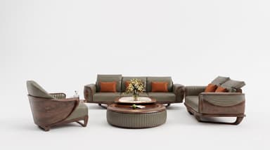 A sophisticated tiered round coffee table featuring a white marble top, a middle wooden tier, and a distinctive ribbed upholstered base in a muted olive-green tone. The multi-level design offers functional surface area and a sculptural aesthetic. — 3D model