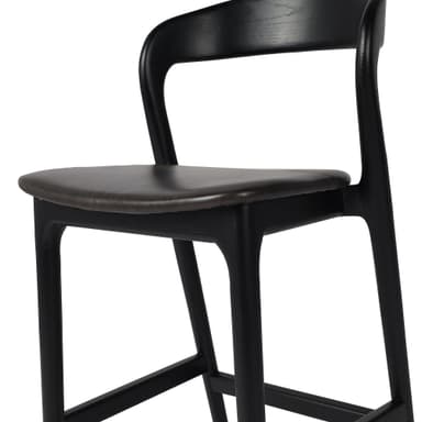 A contemporary bar stool with a black wooden frame and a dark upholstered seat. The stool features a gently curved backrest and a square footrest connecting the tapered legs. — 3D model