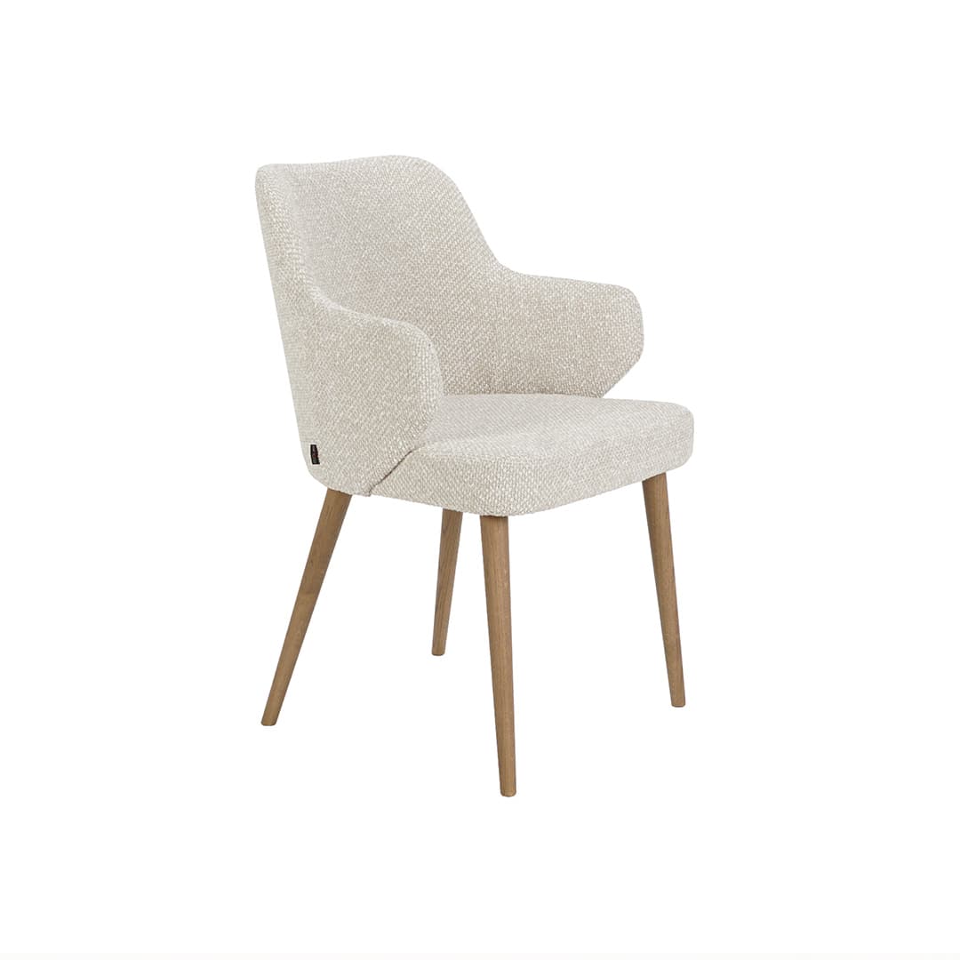 A modern armchair with a curved back and integrated armrests, upholstered in a textured, light-colored fabric. It stands on four tapered wooden legs. — 3D model