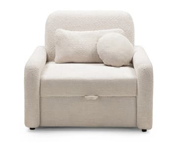 A single-seater upholstered armchair designed to convert into a bed, featuring soft, rounded contours and a textured cream-colored bouclé-style fabric. It includes a visible pull-tab indicating its sleeper function and is accompanied by two matching throw pillows. — 3D model