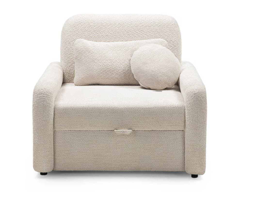 A single-seater upholstered armchair designed to convert into a bed, featuring soft, rounded contours and a textured cream-colored bouclé-style fabric. It includes a visible pull-tab indicating its sleeper function and is accompanied by two matching throw pillows. — 3D model