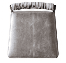 A bar stool with a black metal frame and a cushioned seat and backrest. The seat is upholstered in a light gray material. The backrest is narrow and features a striped pattern in white and grey, with the stripes running horizontally. — 3D model