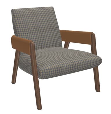 An upholstered armchair featuring a houndstooth pattern, a solid wooden frame with tapered legs, and integrated wooden armrests with padded sections. — 3D model