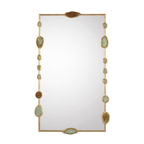 A rectangular wall mirror featuring a gilded metal frame adorned with irregularly shaped, gemstone-like inlays in varying shades of green and brown. The frame has a slightly textured, antique gold finish, and the inlays are set directly into the metal, appearing to be translucent or semi-translucent glass or resin elements. The overall design suggests an Art Deco or eclectic aesthetic. — 3D model