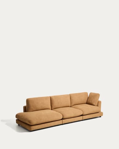 A contemporary, low-profile modular sectional sofa in a warm, textured brown fabric. It consists of three main seating sections, with the leftmost section extending into a deep chaise lounge. The rightmost section has a small, loose back cushion angled for support. The sofa sits on discreet, recessed dark feet. The design emphasizes comfort with generously padded, rounded cushions and a relaxed aesthetic. — 3D model