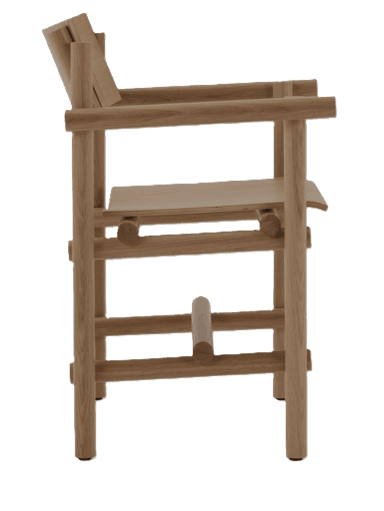 A wooden armchair with a minimalist design, featuring a slatted seat and backrest, and cylindrical armrests. The structure is composed of light-colored wood elements joined together, with a visible grain pattern. The chair has four legs and a supportive frame. — 3D model