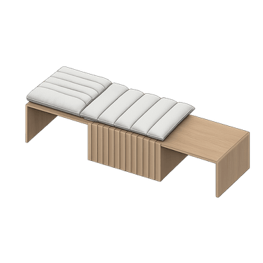 A modern bench with a wooden base and a padded, tufted top. The wooden base features a slatted design on the front of the central section and smooth, curved end supports. The top is composed of multiple segmented cushions arranged linearly. — 3D model