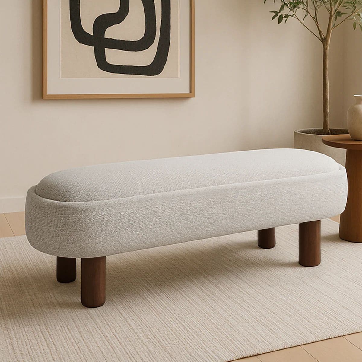 A modern upholstered bench featuring an elongated oval form factor, covered in a light-colored, textured fabric, and supported by four short, cylindrical wooden legs. — 3D model