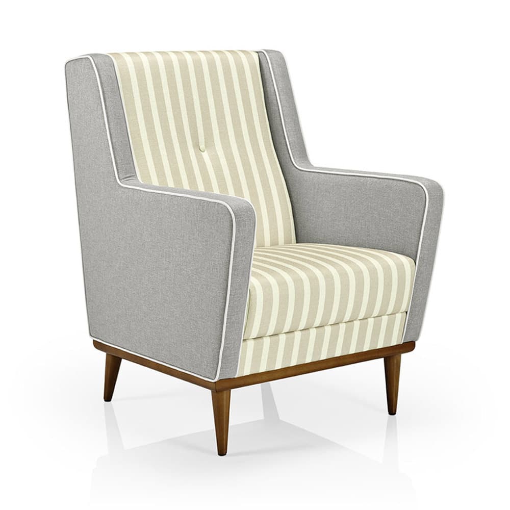 A contemporary armchair with a high back and cushioned seat and backrest. The armchair features a dual-tone upholstery design, with the outer frame and arms upholstered in a textured grey fabric, and the inner seat and backrest upholstered in a striped fabric featuring alternating cream and beige vertical stripes. White piping accents the edges of the upholstered sections. The armchair is supported by four tapered wooden legs with a dark wood finish. — 3D model
