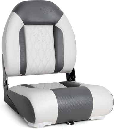 A modern folding marine boat seat featuring a two-tone design in white and dark gray. The seat and backrest are upholstered with marine-grade vinyl, incorporating diamond-quilted patterns on the central white sections. It has black metal hinges allowing the backrest to fold down onto the seat base for compact storage. — 3D model