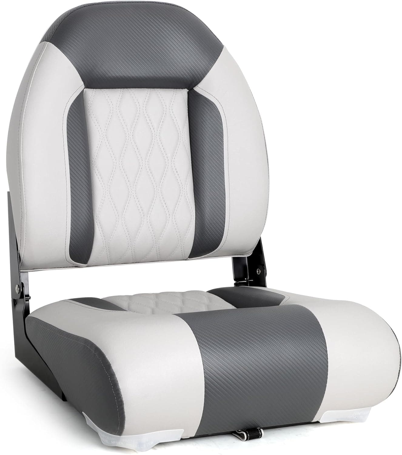 A modern folding marine boat seat featuring a two-tone design in white and dark gray. The seat and backrest are upholstered with marine-grade vinyl, incorporating diamond-quilted patterns on the central white sections. It has black metal hinges allowing the backrest to fold down onto the seat base for compact storage. — 3D model