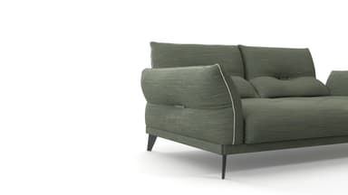A modern two-seater sofa or loveseat upholstered in a textured green fabric, featuring exposed white piping along the edges of the cushions and armrests, supported by slender dark metal legs. — 3D model