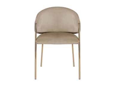 A contemporary accent chair with a curved backrest and seat upholstered in a light beige, possibly velvet or similar soft textile. The chair features a minimalist design with slender, polished brass or gold-toned metal legs and arm supports. The legs are angled outwards for stability. — 3D model