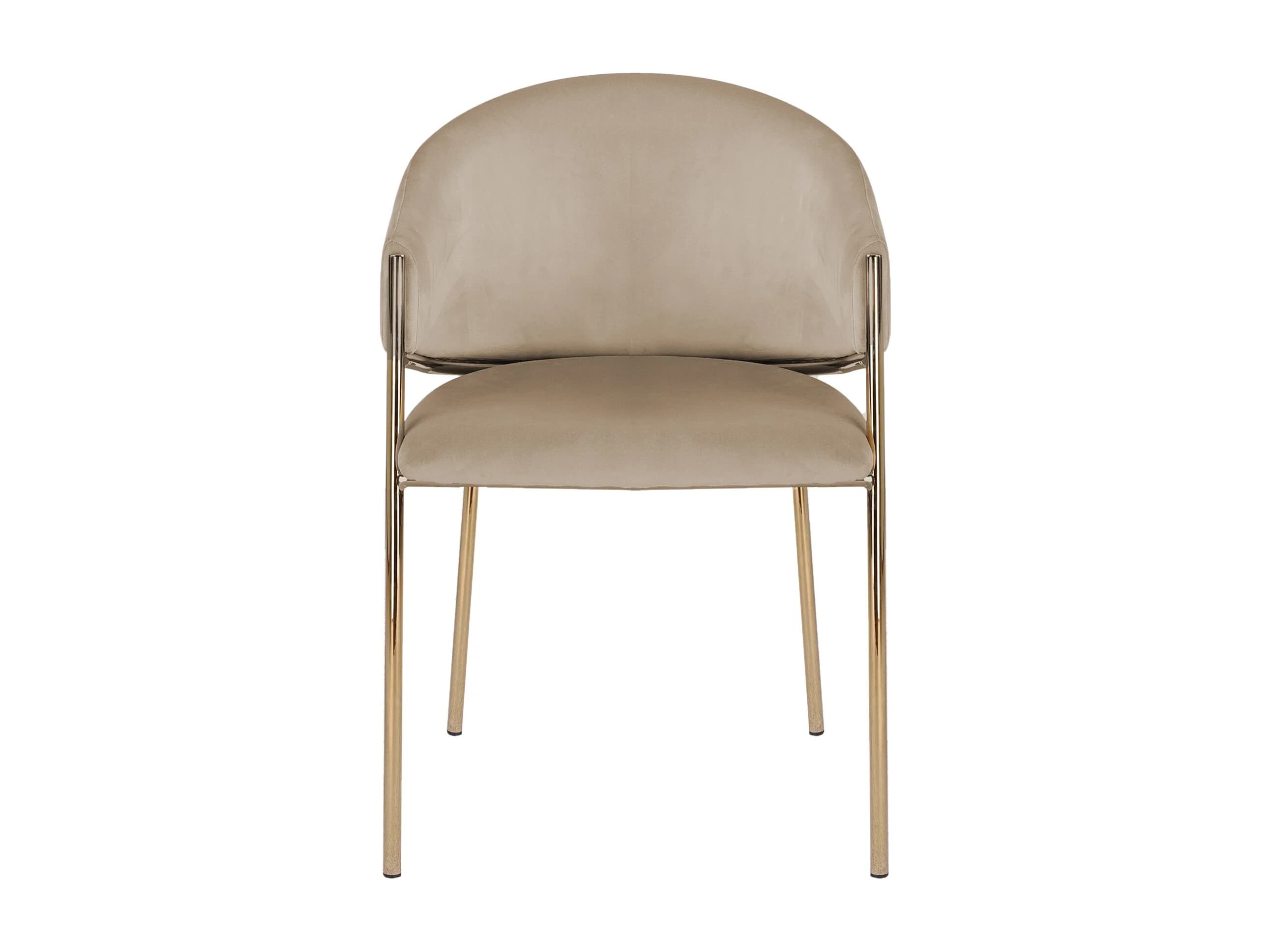 A contemporary accent chair with a curved backrest and seat upholstered in a light beige, possibly velvet or similar soft textile. The chair features a minimalist design with slender, polished brass or gold-toned metal legs and arm supports. The legs are angled outwards for stability. — 3D model