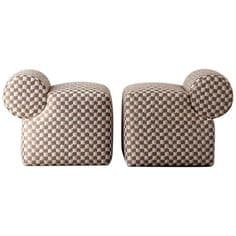 A modular ottoman with a cubic base and a cylindrical backrest. The upholstery features a small checkered pattern in brown and beige tones. — 3D model