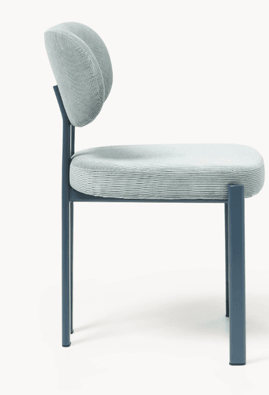 A modern chair with a slightly curved backrest and a separate seat cushion. The frame and legs are constructed from tubular metal. The upholstery is a light blue corduroy fabric. — 3D model