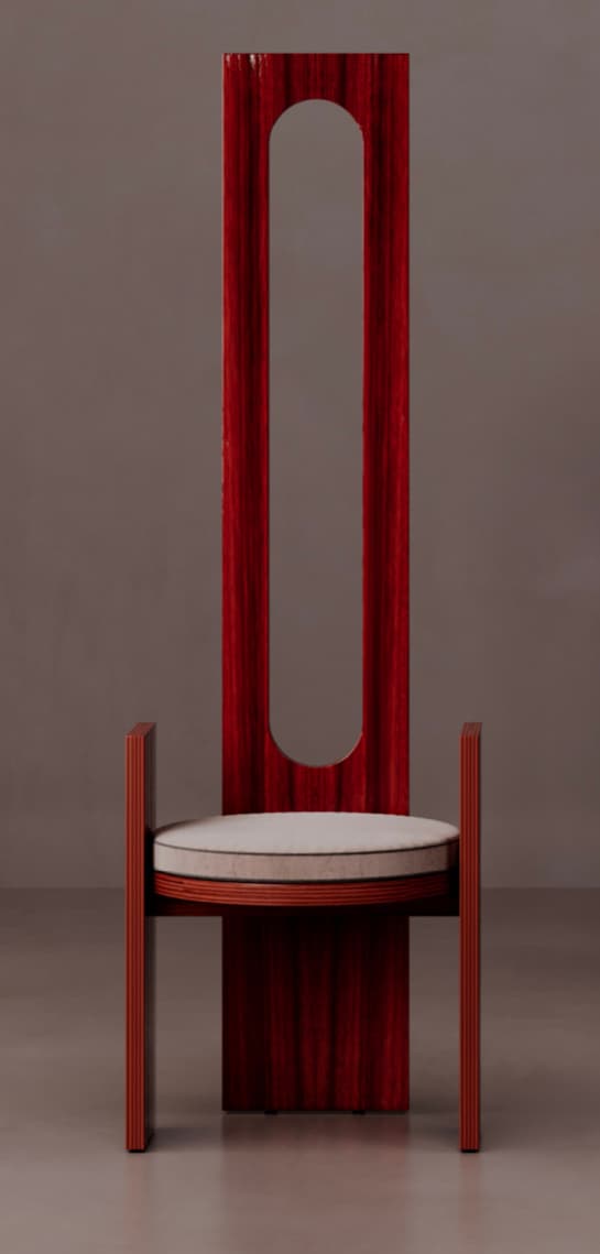 A tall, slender chair with a distinctive elongated oval opening in the backrest. The seat is circular and upholstered. The frame appears to be constructed from wood with a dark, reddish-brown finish, exhibiting a prominent wood grain pattern. The overall design is minimalist and geometric. — 3D model